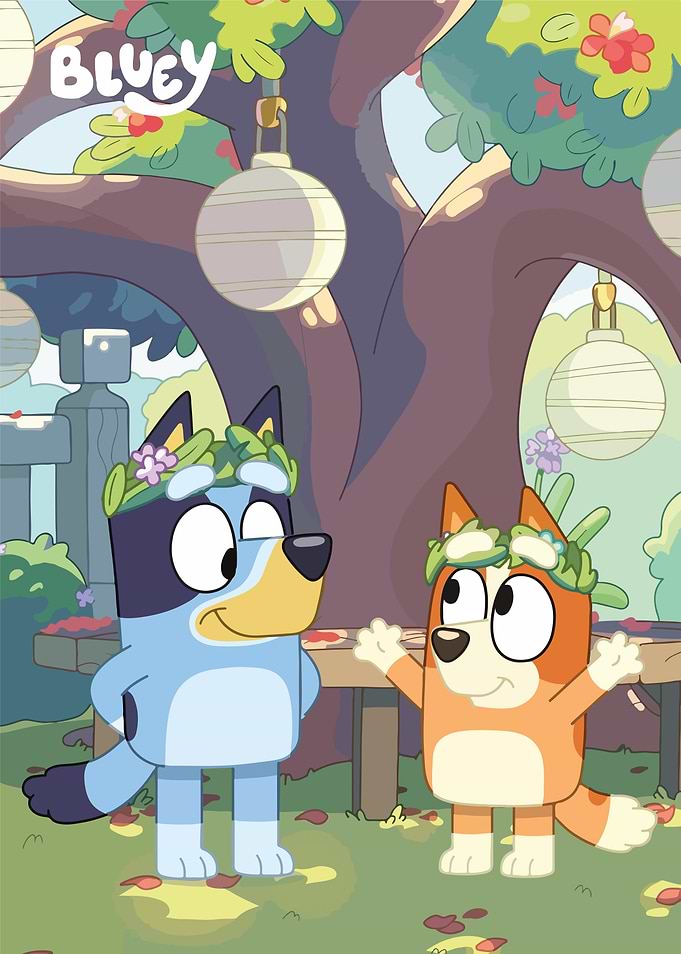 Bluey and Bingo with flower crowns