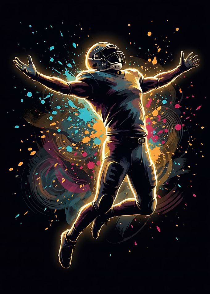 Football Player Celebration with Colorful Splatters
