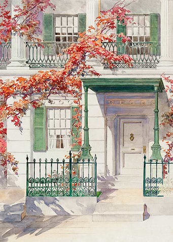 Watercolor House Facade with Autumn Vines