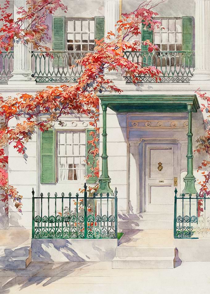 Watercolor House Facade with Autumn Vines