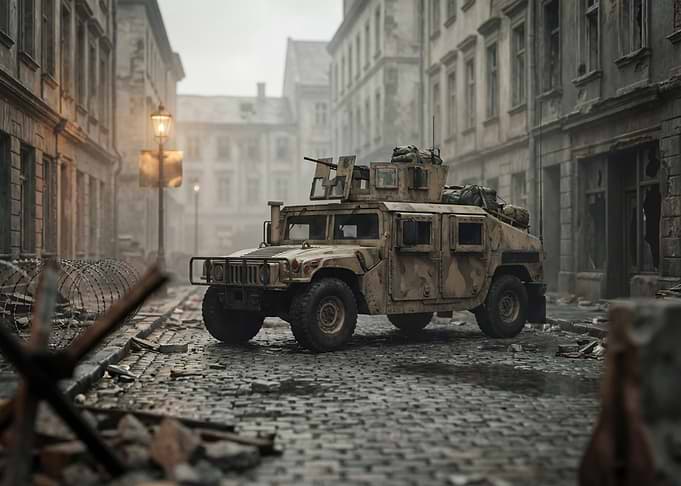 Humvee in War-Torn City Street