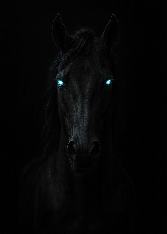 Black Horse with Glowing Blue Eyes
