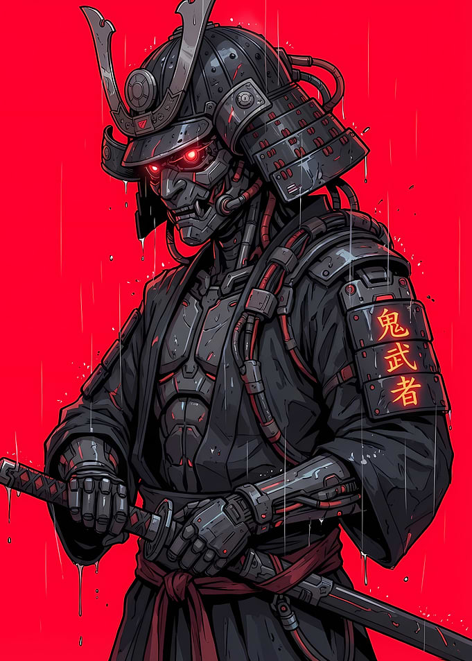 Cyberpunk Samurai Warrior with Red Eyes