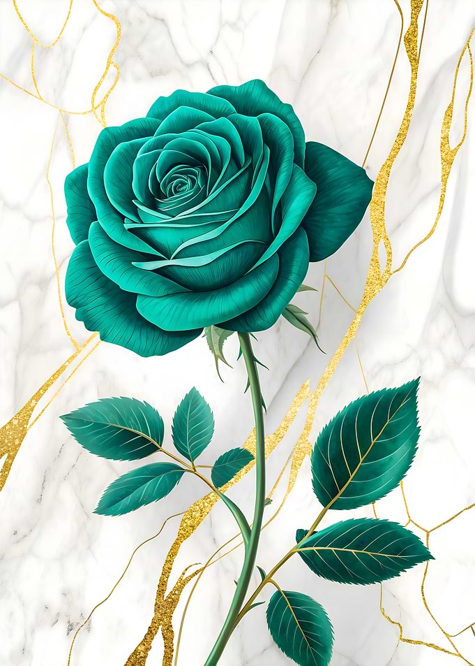 Elegant Turquoise Rose and Gold Veins on Marble Artwork