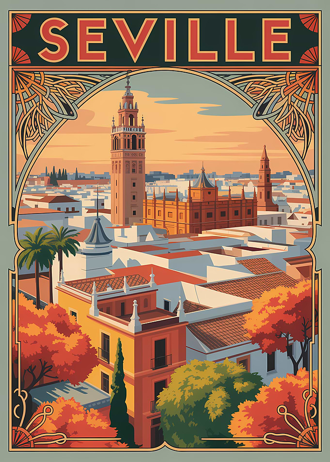 Seville Cityscape Vintage Travel Poster