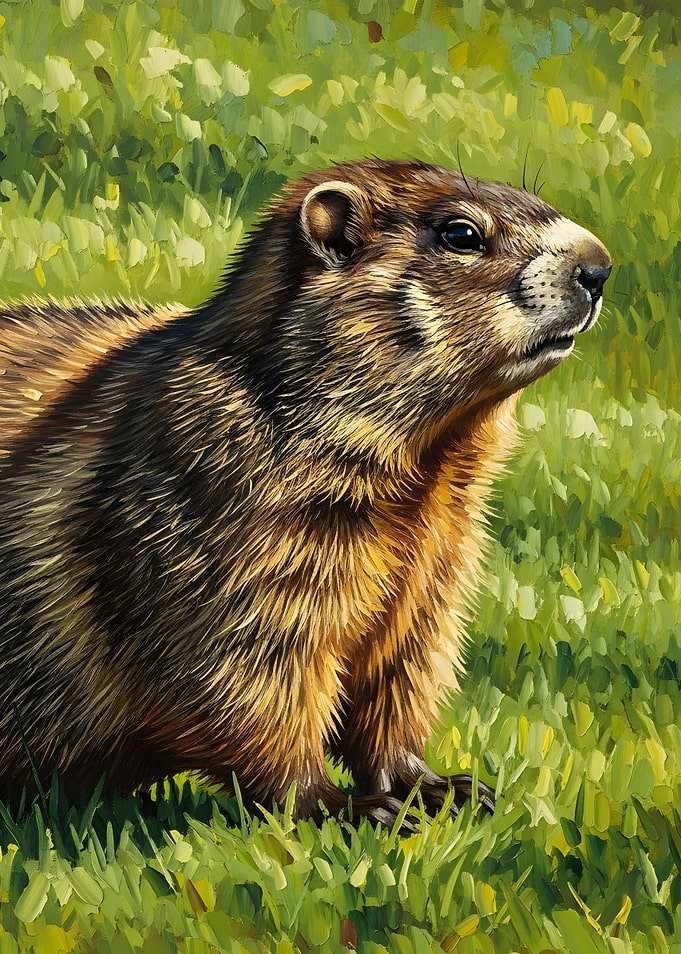 Groundhog Portrait in Green Grass Painting