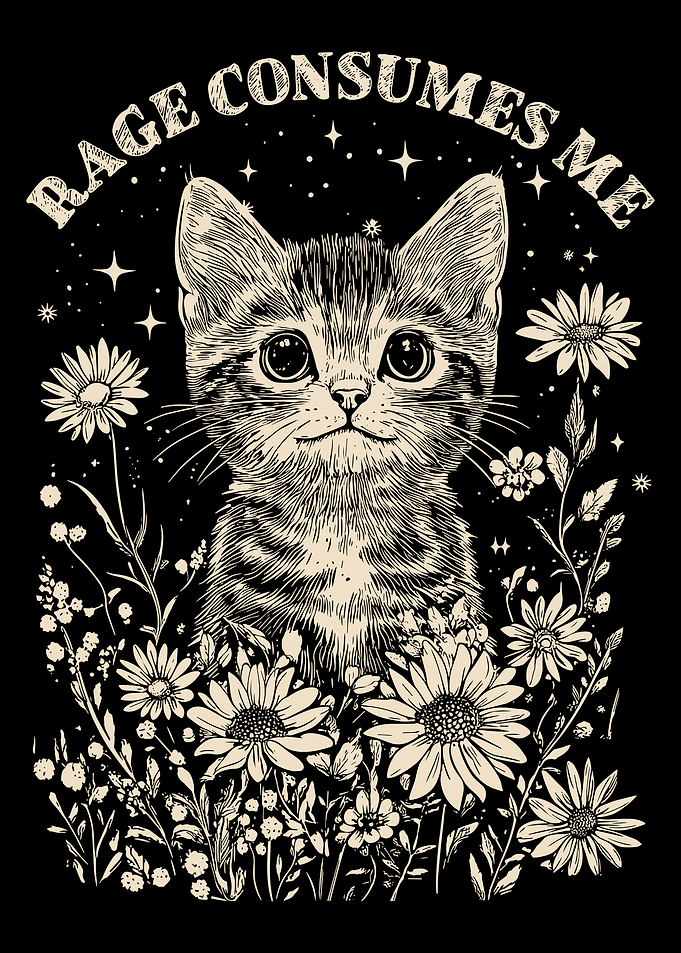 Rage Consumes Me Kitten Poster, Whimsical Cat Art Print, Vintage Engraved Wall Decor