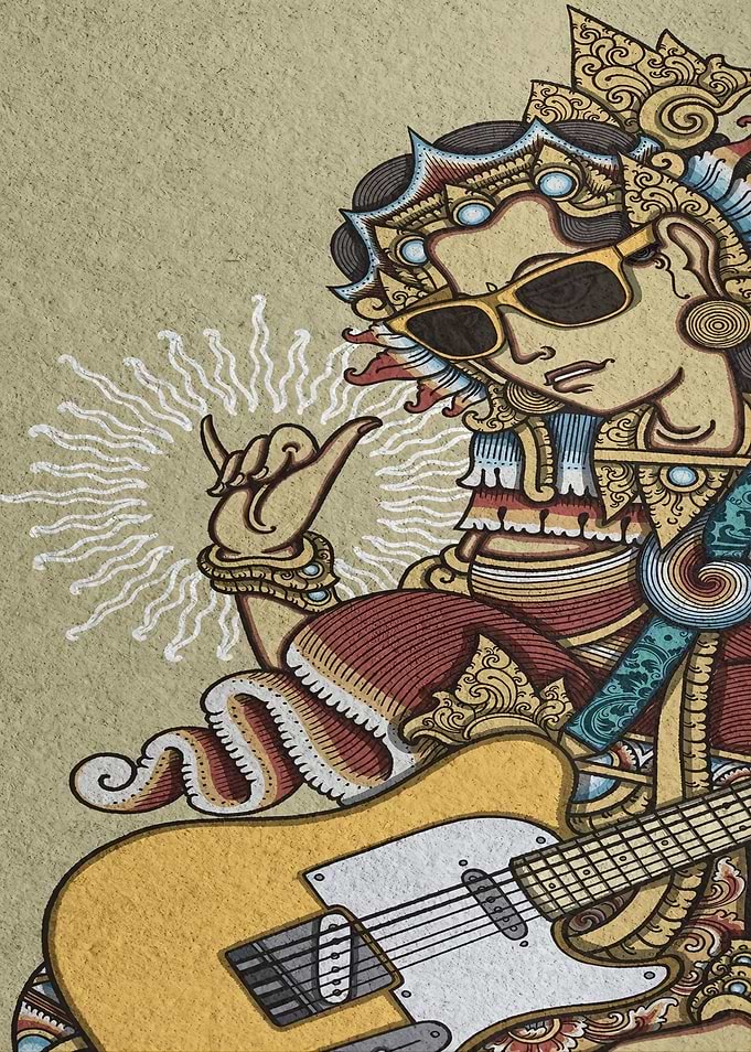 Balinese Deity with Guitar and Sunglasses