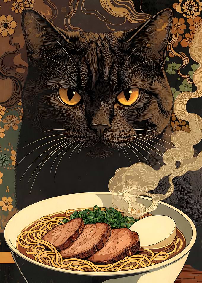 Cat and Ramen Bowl Illustration