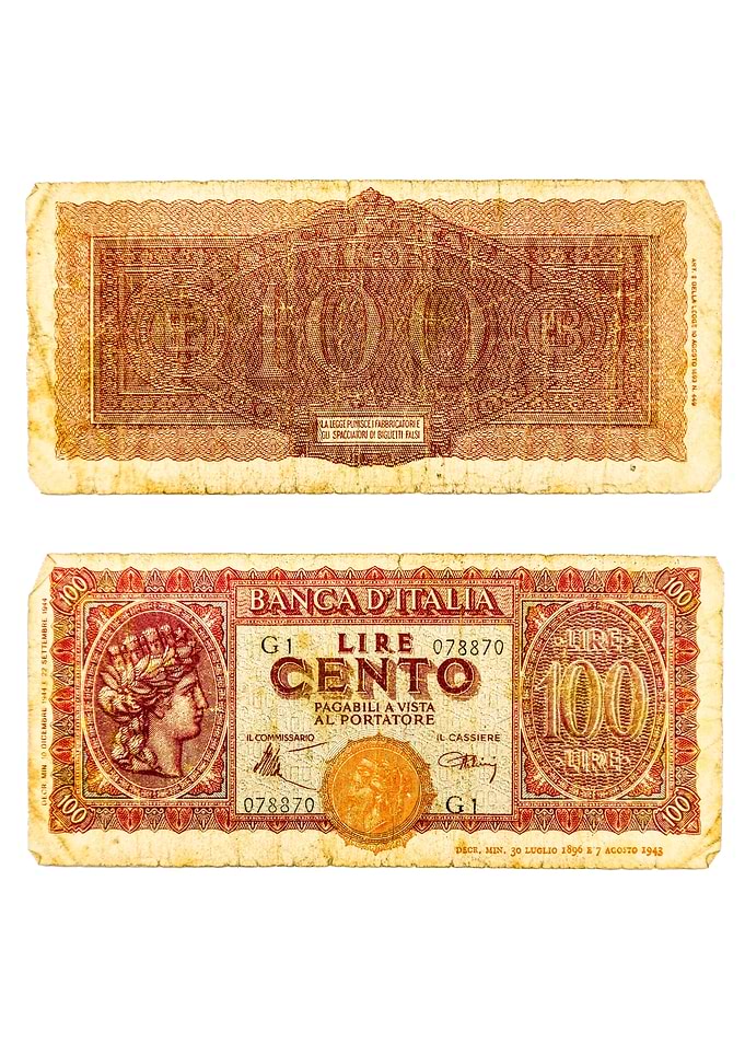 Banca d Italia 100 Lire Italia Turrita Banknote 1944 Vintage Currency Paper Money