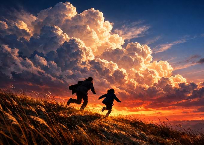 Children Running at Sunset