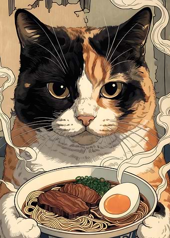 Cat with Ramen Bowl Illustration