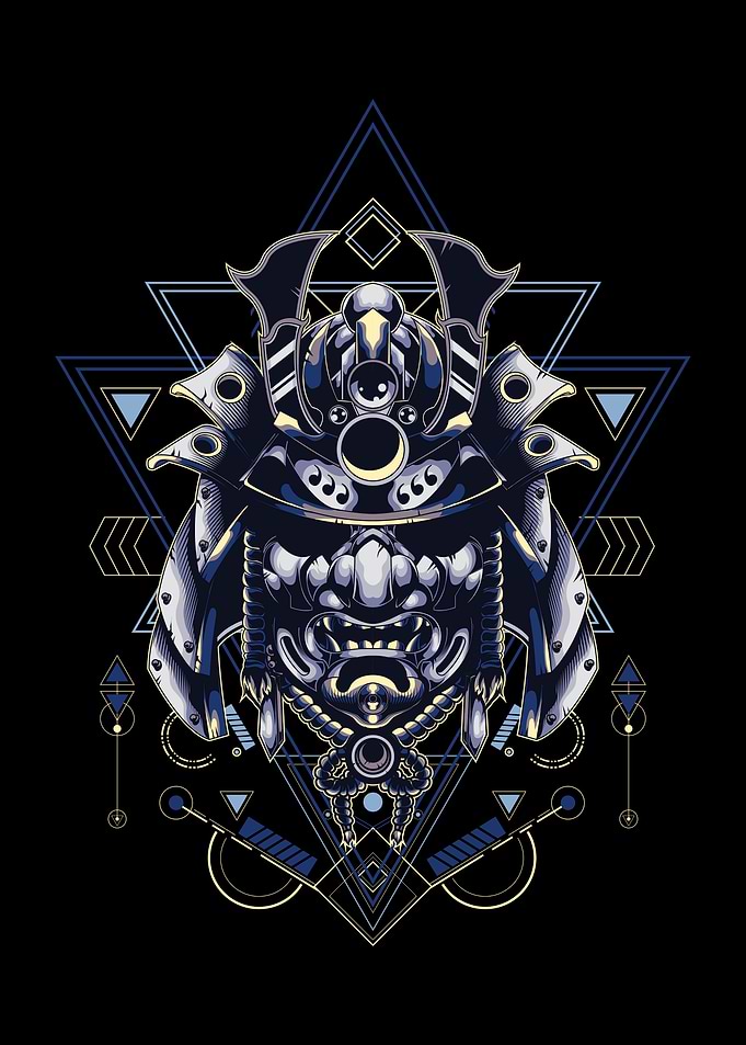 Samurai Mask with Geometric Background