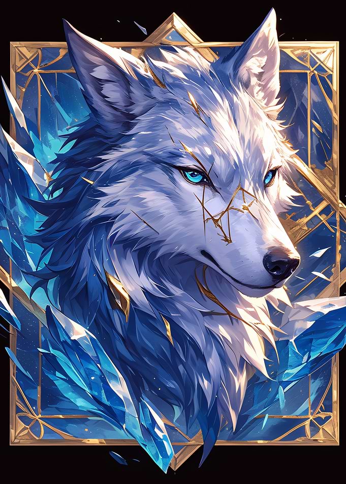 Icy Wolf Portrait with Golden Accents