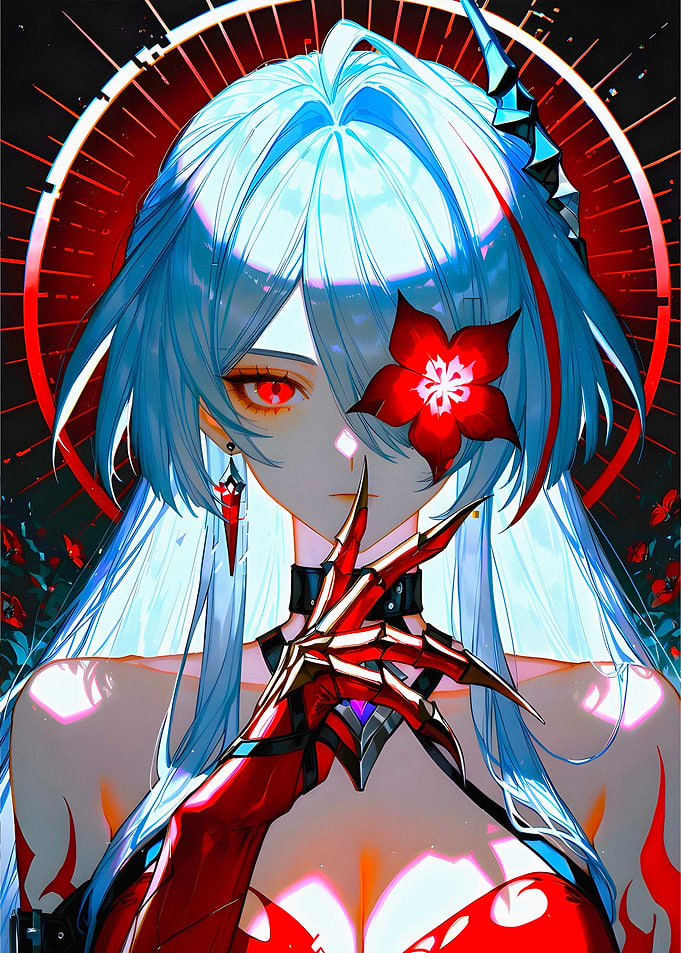 Anime Girl with Red Flower and Claws