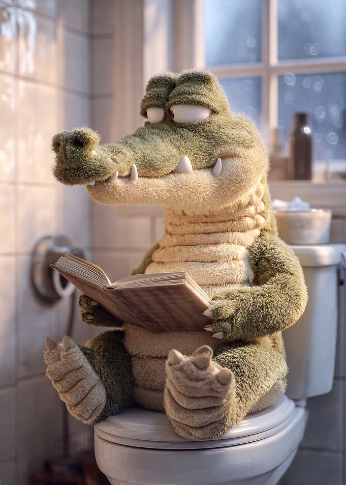 Crocodile Reading on Toilet