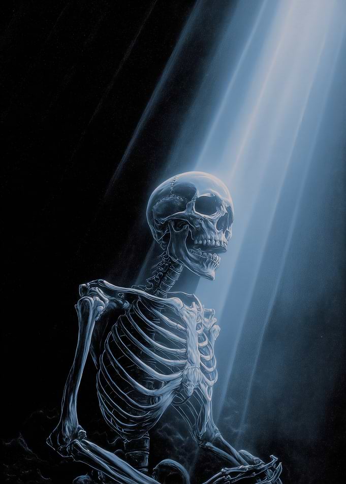 Meditating Skeleton in Blue Light