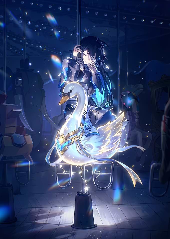 Anime Boy on Swan Carousel Ride