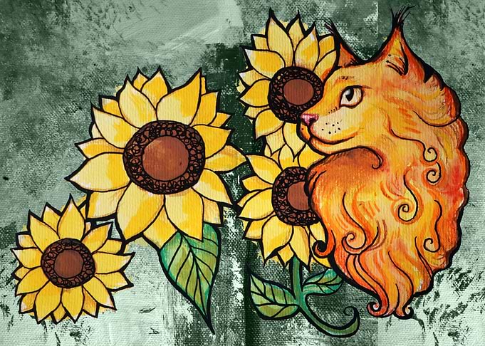 Maine Coon and Sunflowers Painting