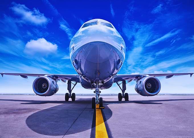 Airplane on the runway, front view