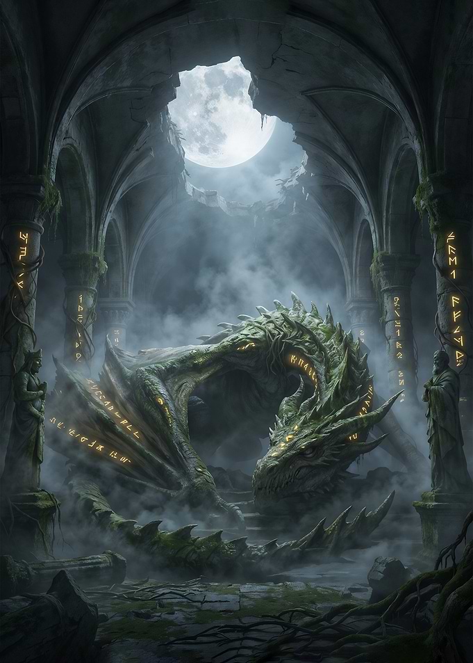 Dragon in Ancient Ruins Under Moonlight