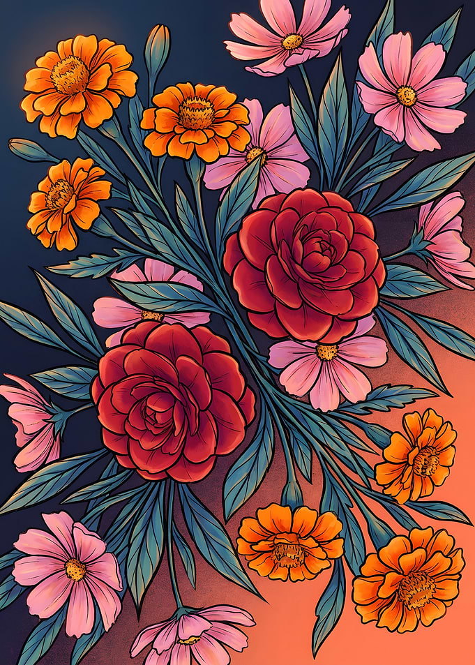 Floral Arrangement with Roses and Cosmos