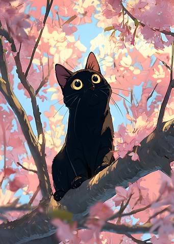 Black cat in cherry blossom tree
