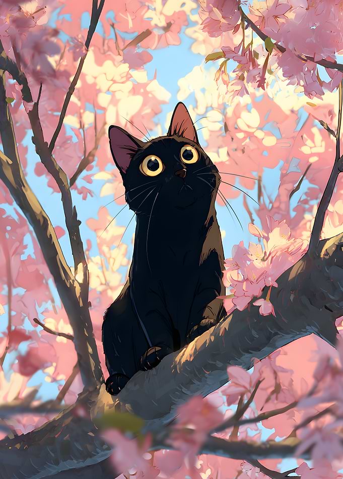 Black cat in cherry blossom tree