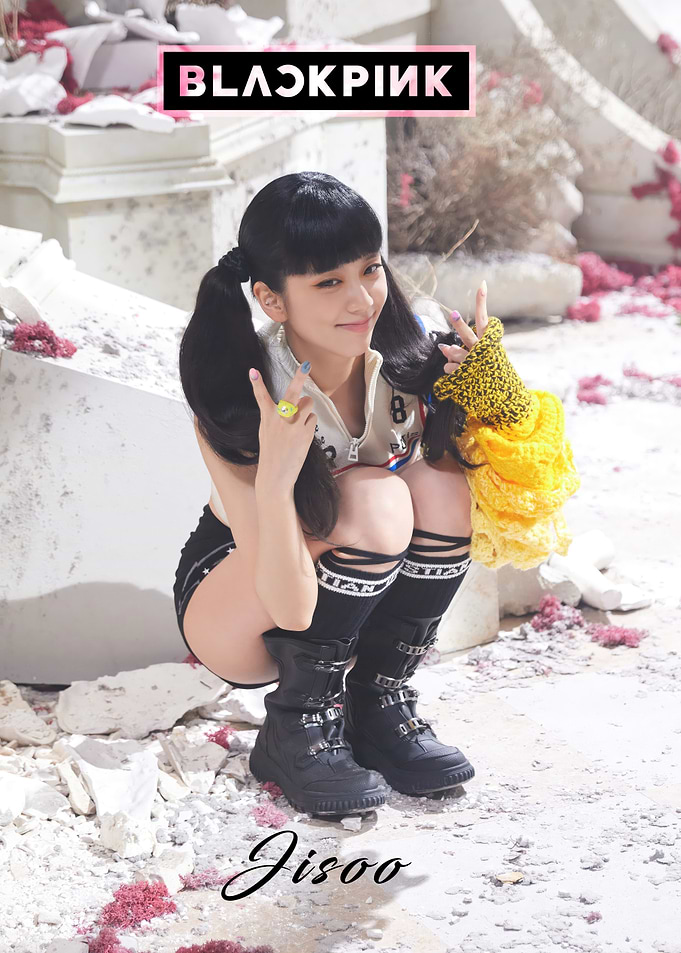 Jisoo from Blackpink crouching pose