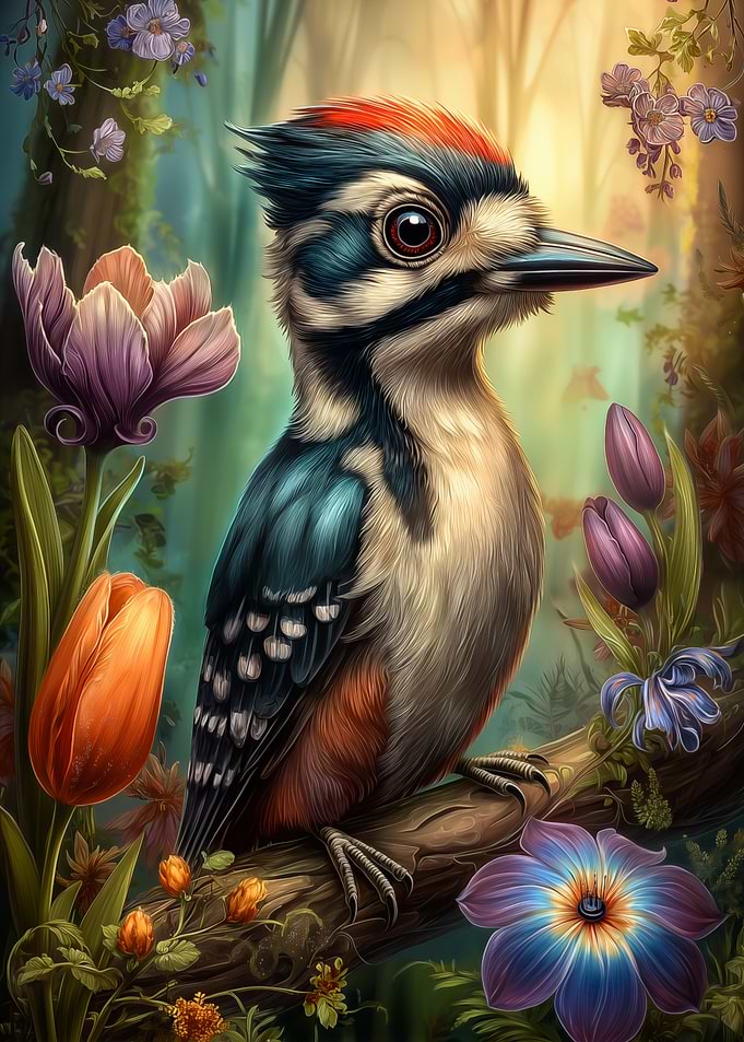 Woodpecker in Floral Fantasy
