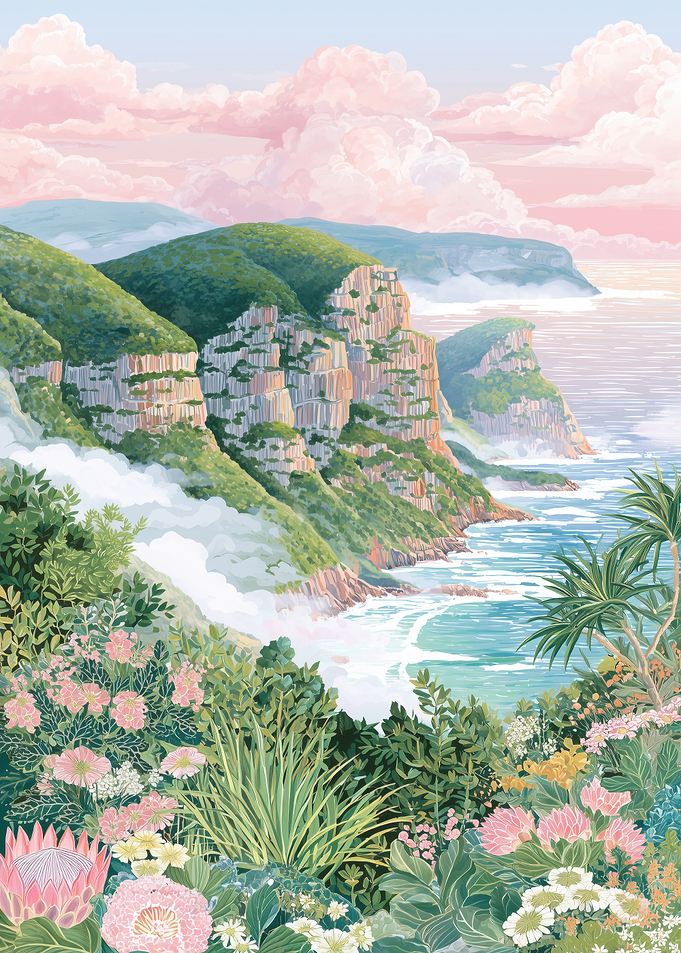 Coastal Cliffside Floral Landscape Painting
