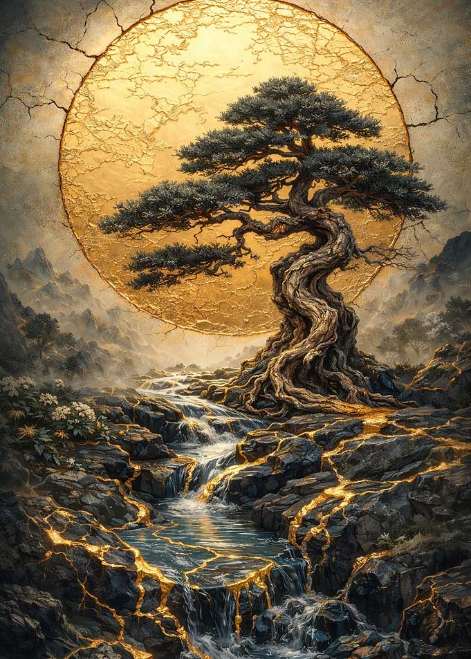 Golden Tree and Waterfall Landscape