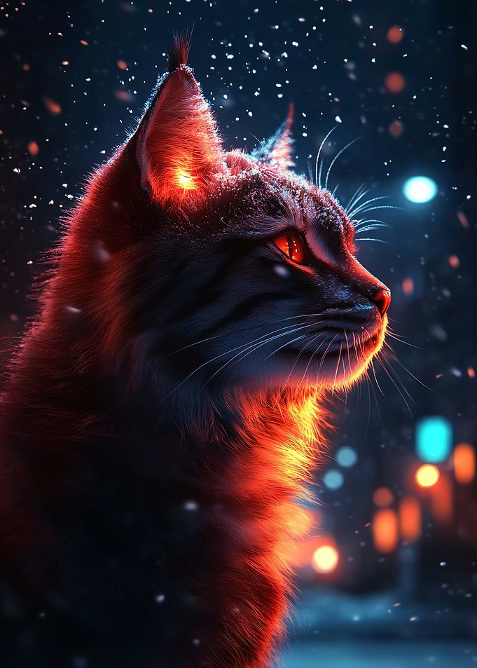 Red-lit Cat in Snowy Night