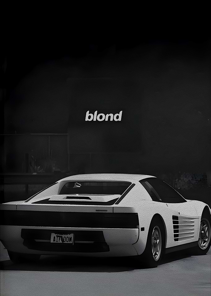 White Ferrari with Blond Text Overlay