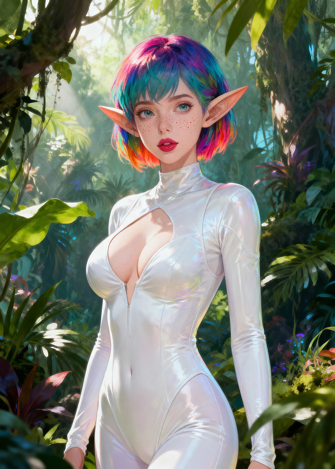 Beautiful Female Elf in White Suit in Jungle