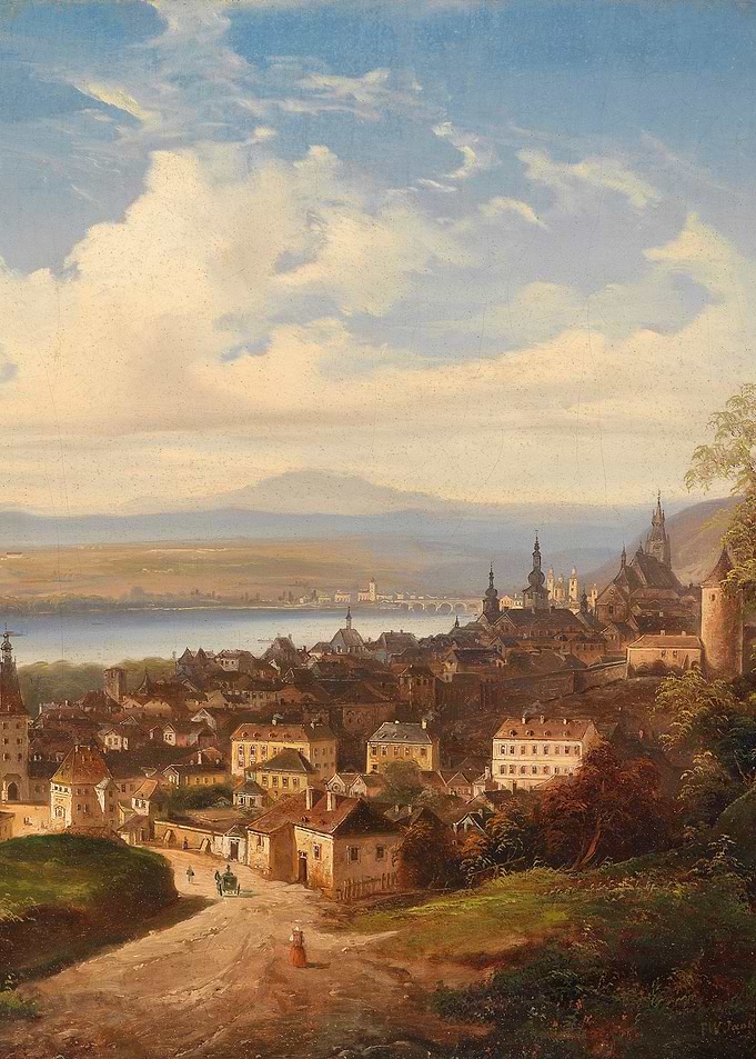 Cityscape Painting with River and Mountains