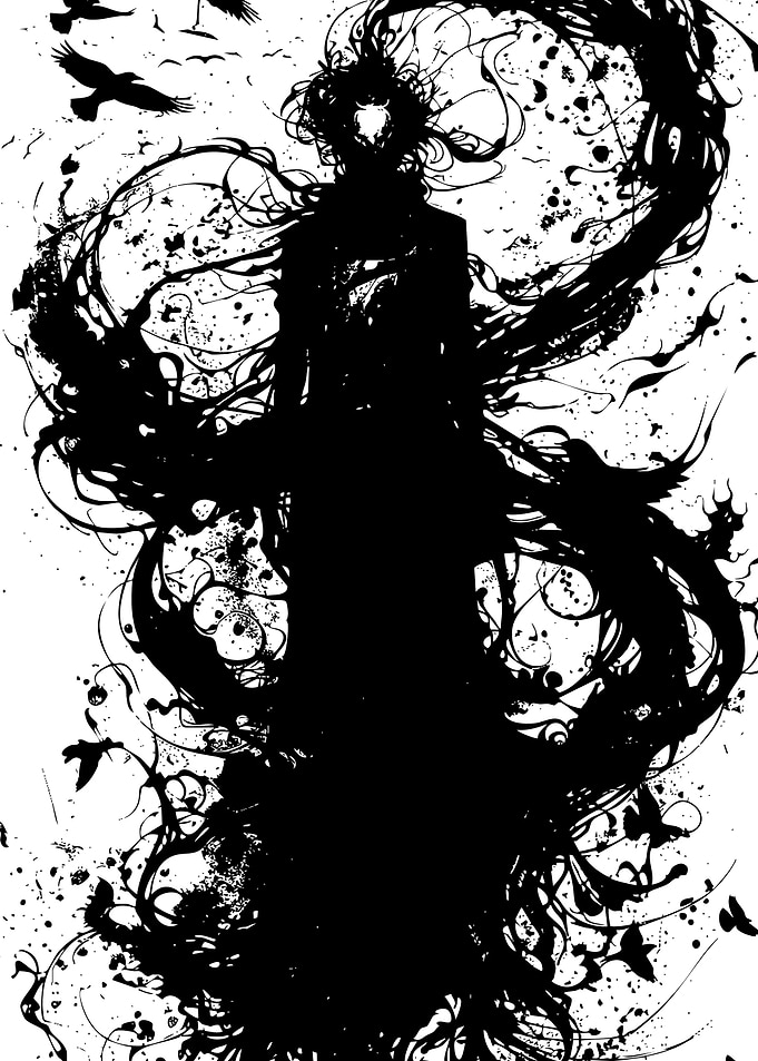 Silhouette Figure with Raven and Ink Splatters