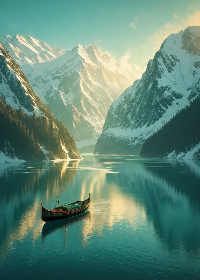 Solitary Gondola on a Tranquil Alpine Lake at Sunrise