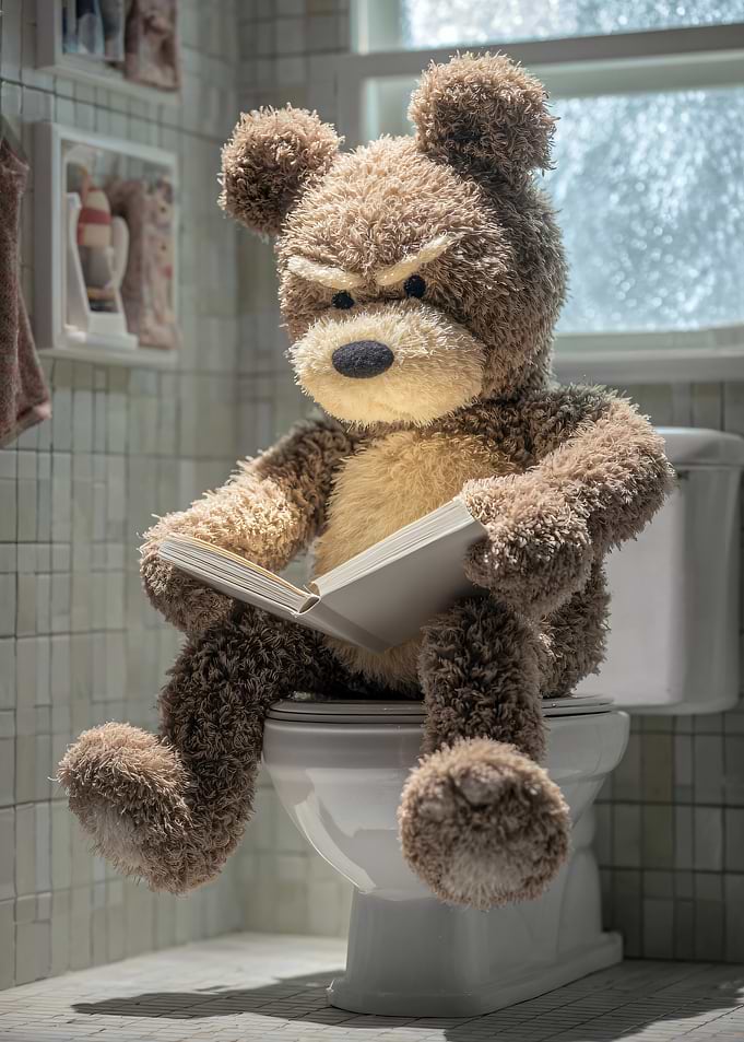 Grumpy Teddy Bear Reading on Toilet