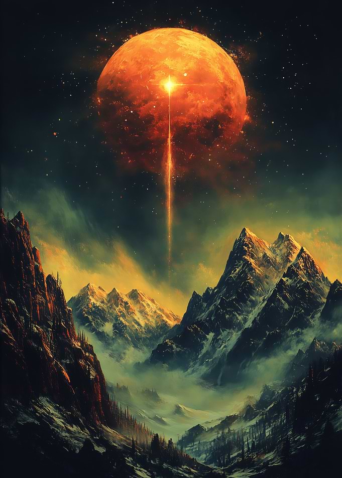 Fantasy Landscape with Moon and Mountains