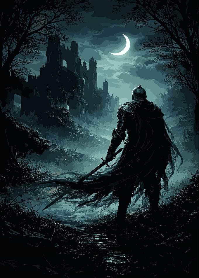 Dark Knight and Castle Under Moonlight