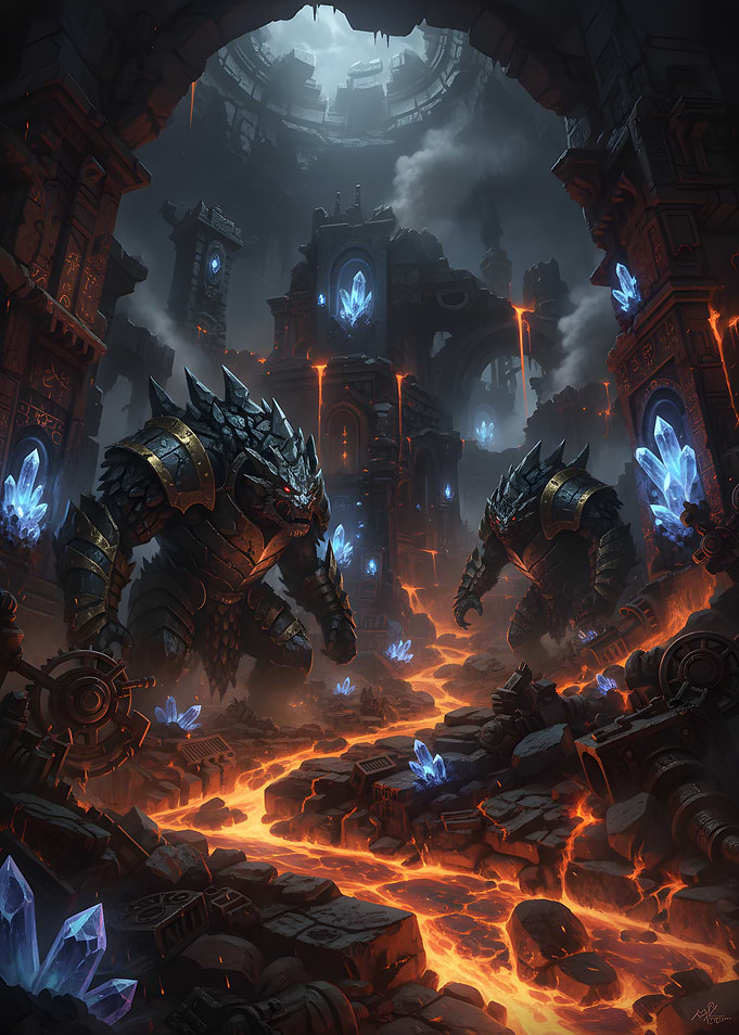 Fantasy Lava Landscape with Stone Guardians