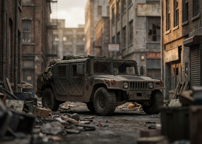 Humvee in a ruined city street