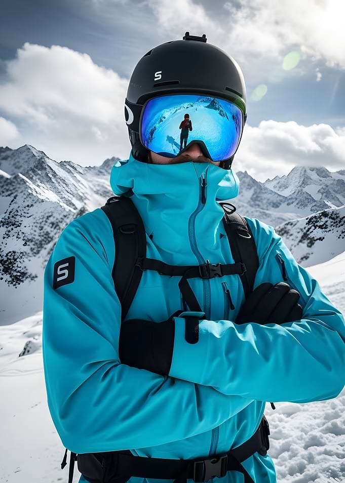 Skier in Mountains with Reflected Image