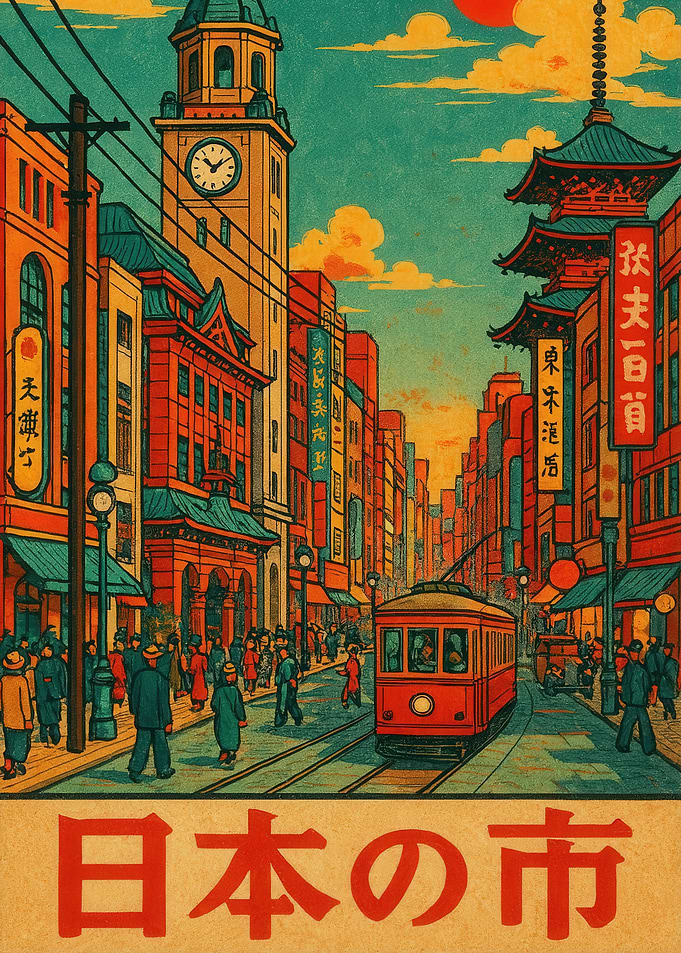 Japanese Cityscape with Tram and Clocktower