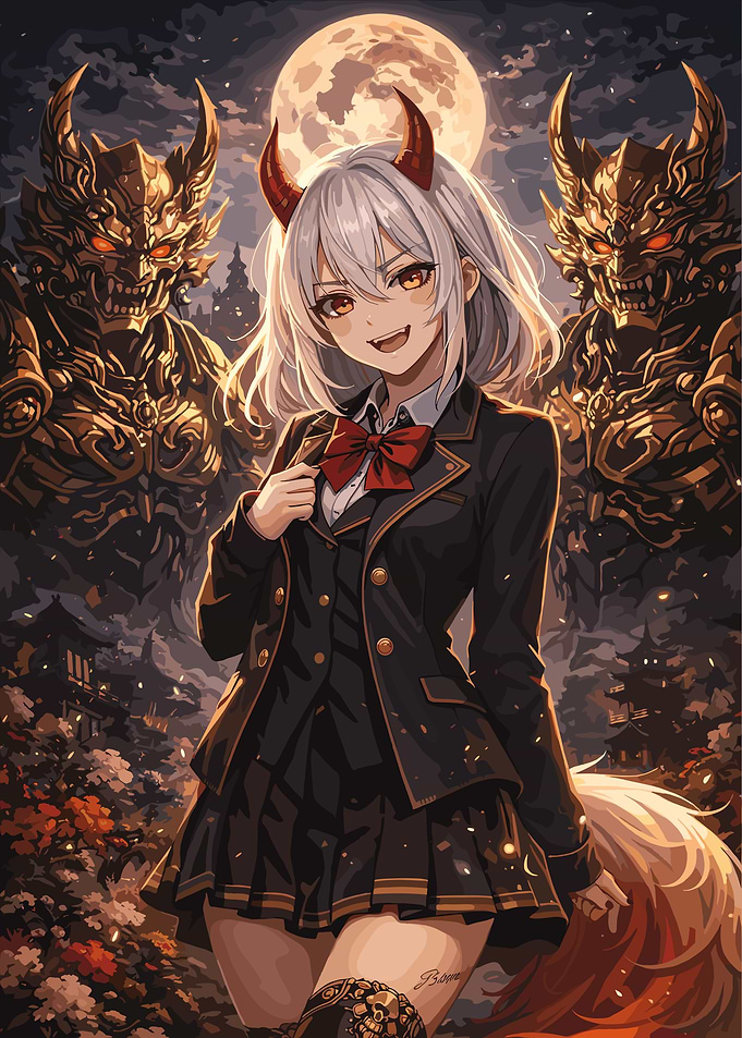 Anime Girl with Horns and Guardians