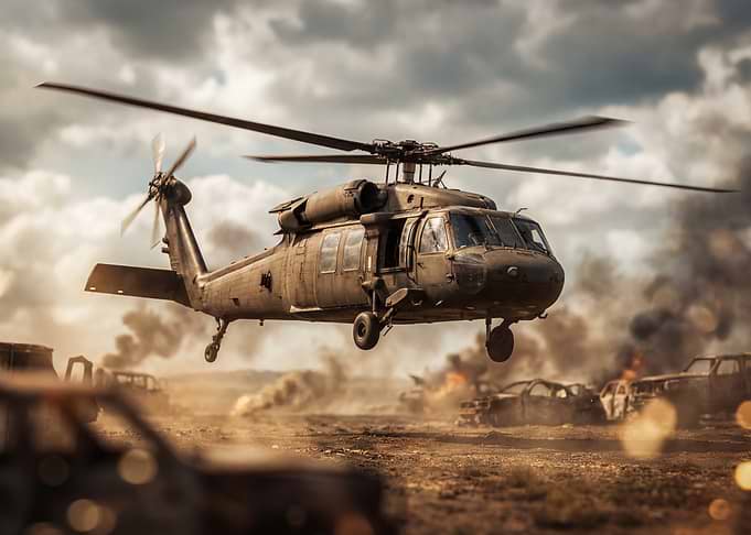 Military Helicopter in War Zone