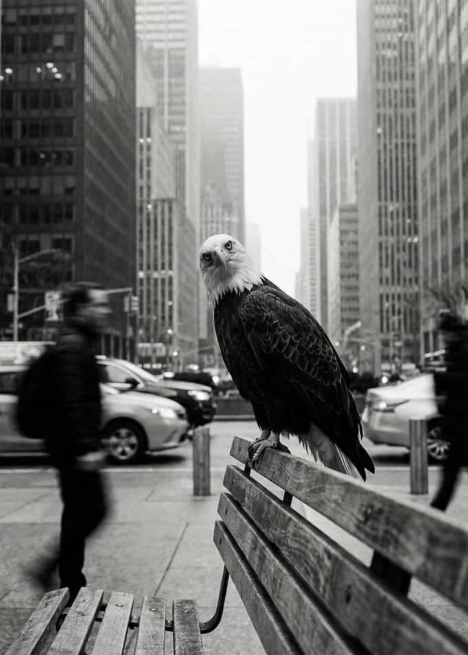 Bald Eagle on Bench in City