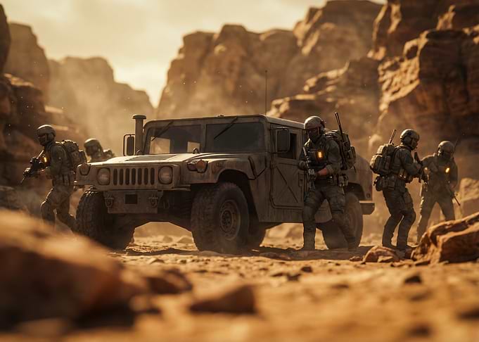 Military Humvee and Soldiers in Desert