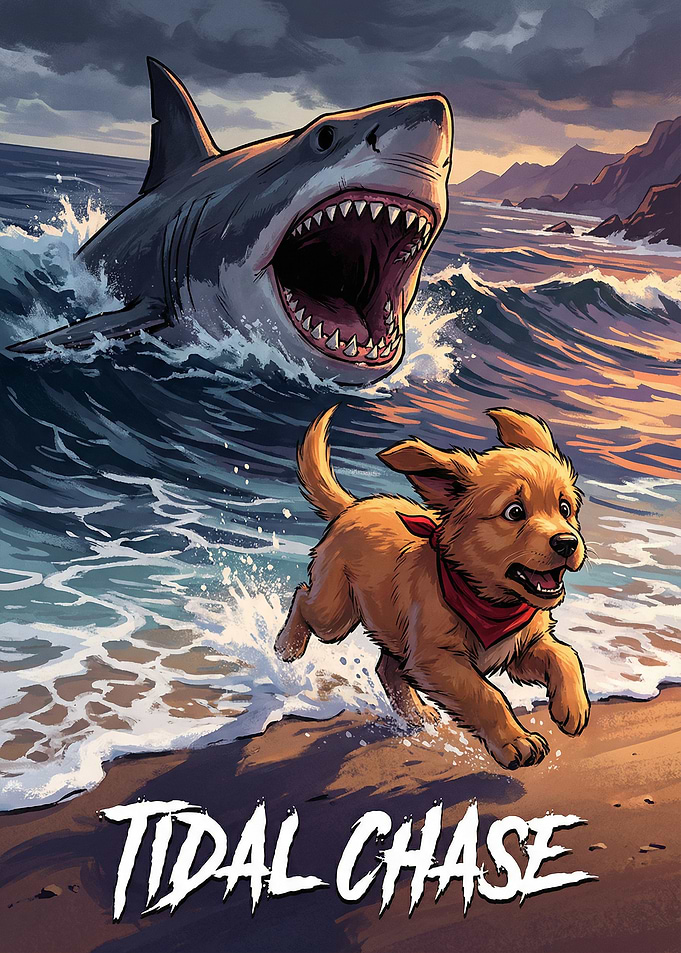 Tidal Chase: Dog and Shark Adventure